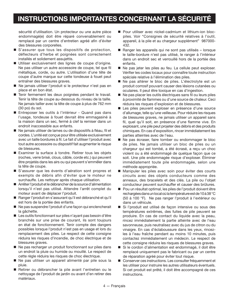 Instructions importantes concernant la sécurité | Ryobi P2002 User Manual | Page 16 / 34