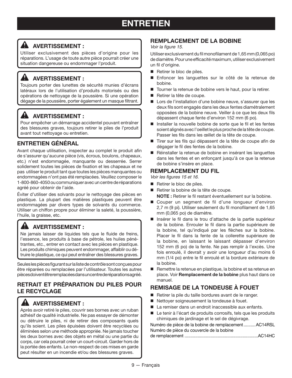 Entretien | Ryobi P2002 User Manual | Page 21 / 34