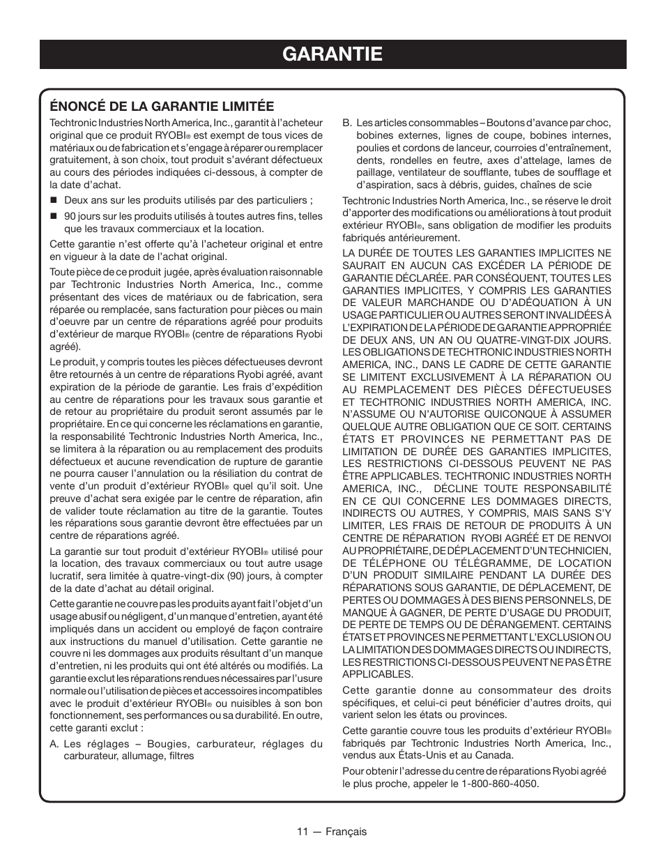 Garantie, Énoncé de la garantie limitée | Ryobi P2002 User Manual | Page 23 / 34