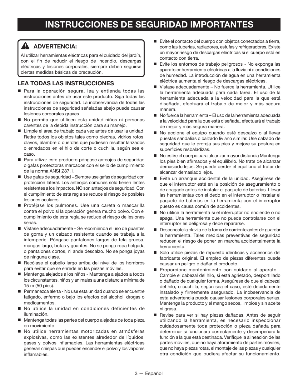 Instrucciones de seguridad importantes, Advertencia, Lea todas las instrucciones | Ryobi P2002 User Manual | Page 25 / 34
