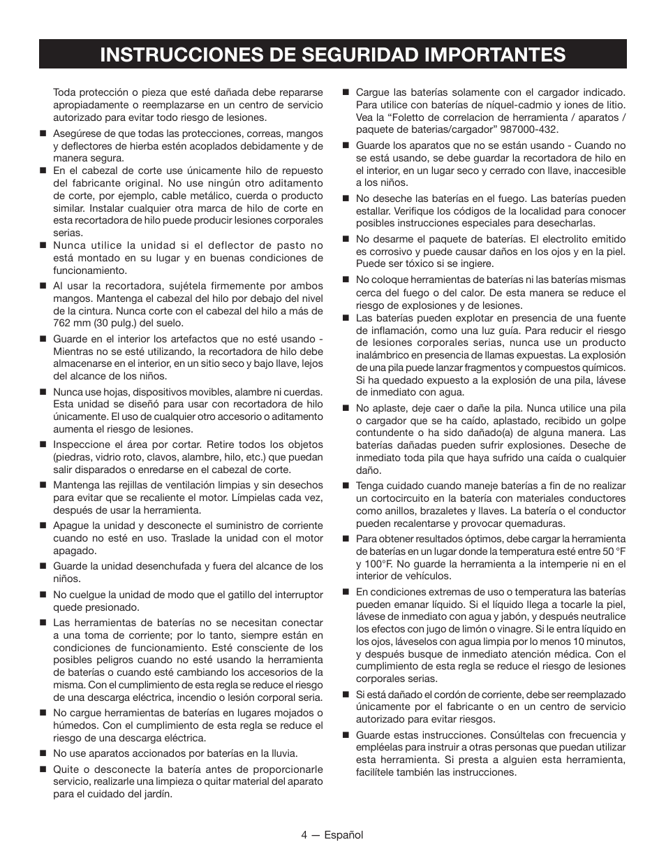 Instrucciones de seguridad importantes | Ryobi P2002 User Manual | Page 26 / 34