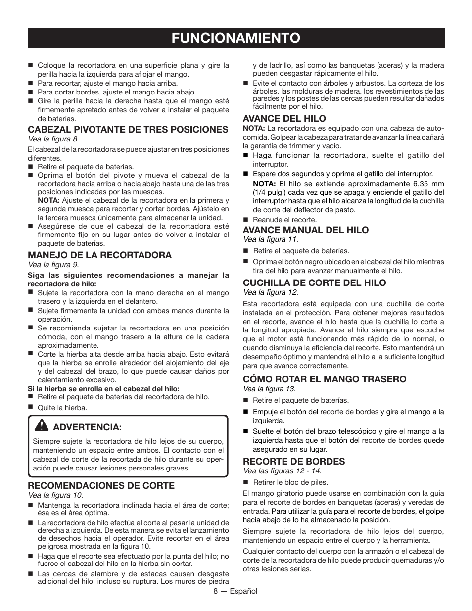 Funcionamiento, Cabezal pivotante de tres posiciones, Manejo de la recortadora | Advertencia, Recomendaciones de corte, Avance del hilo, Avance manual del hilo, Cuchilla de corte del hilo, Cómo rotar el mango trasero, Recorte de bordes | Ryobi P2002 User Manual | Page 30 / 34