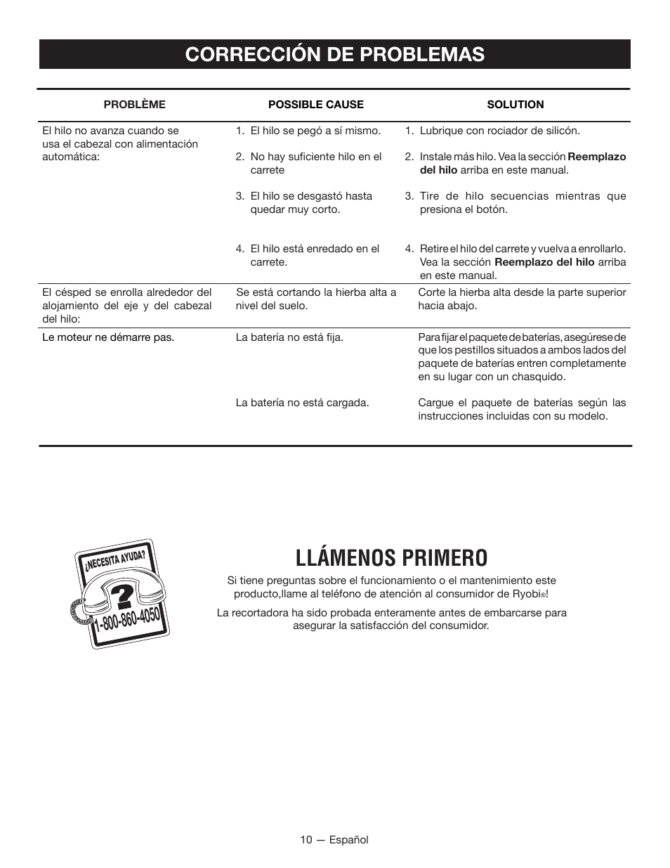 Llámenos primero, Corrección de problemas | Ryobi P2002 User Manual | Page 32 / 34