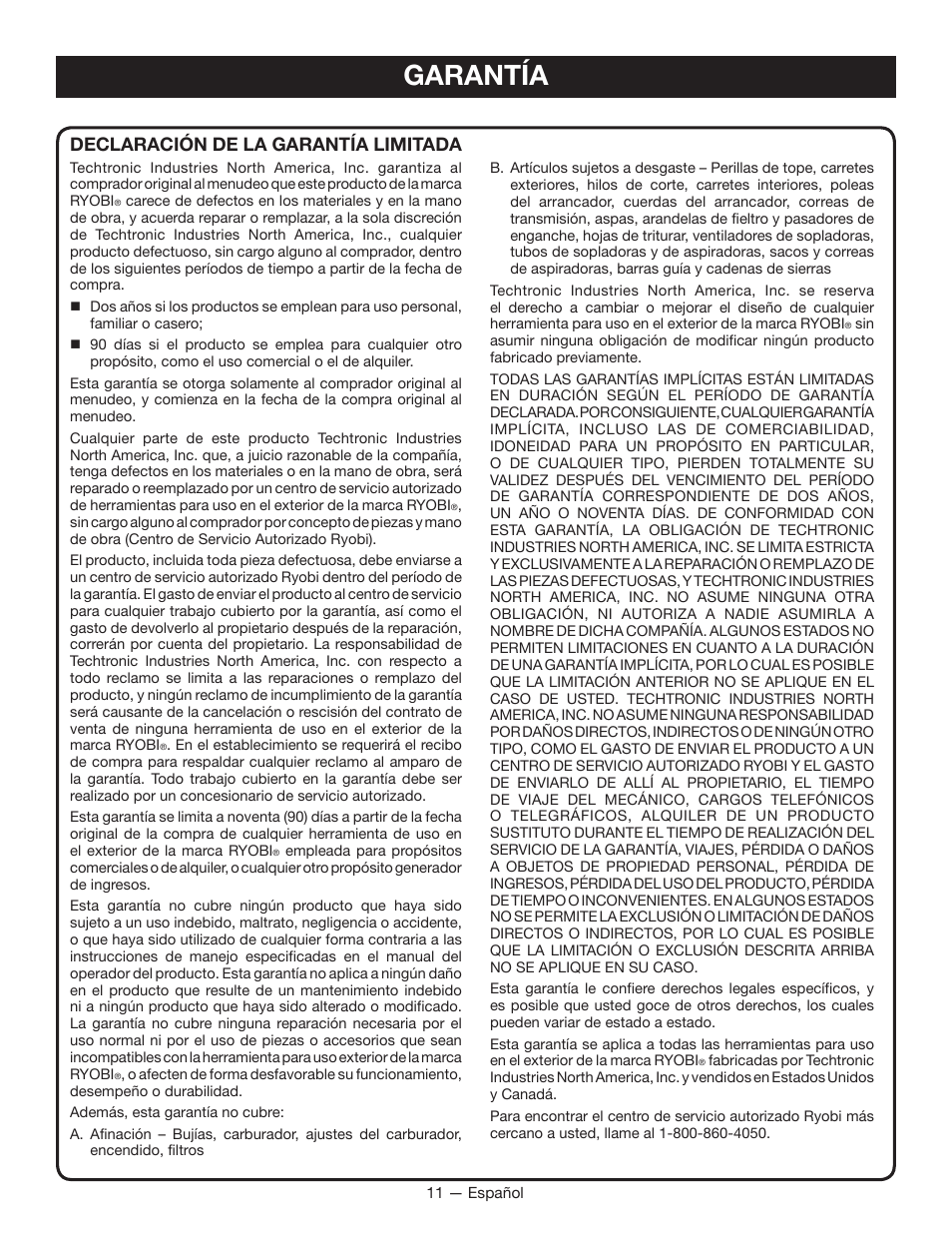 Garantía, Declaración de la garantía limitada | Ryobi P2002 User Manual | Page 33 / 34