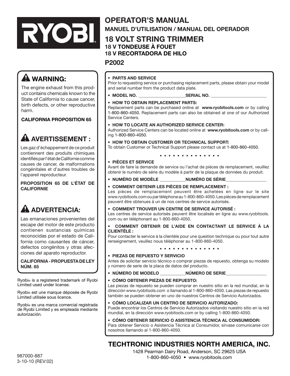 Operator’s manual, 18 volt string trimmer, Warning | Techtronic industries north america, inc, P2002 avertissement, Advertencia | Ryobi P2002 User Manual | Page 34 / 34