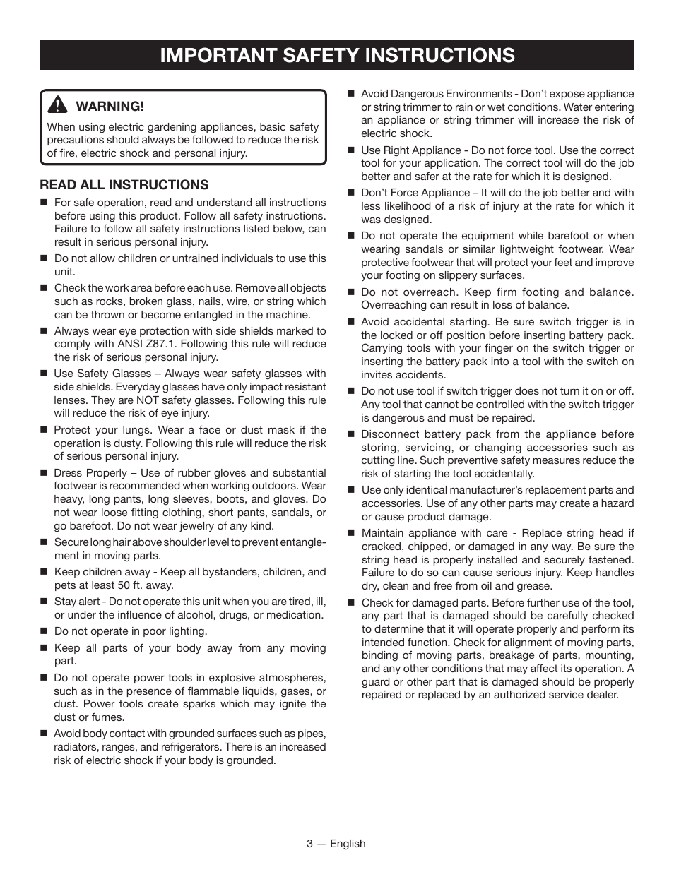 Important safety instructions | Ryobi P2002 User Manual | Page 5 / 34