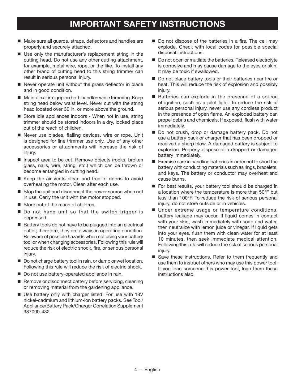 Important safety instructions | Ryobi P2002 User Manual | Page 6 / 34