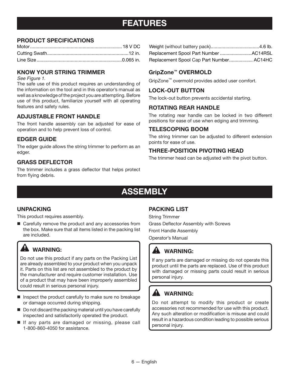 Features, Assembly | Ryobi P2002 User Manual | Page 8 / 34