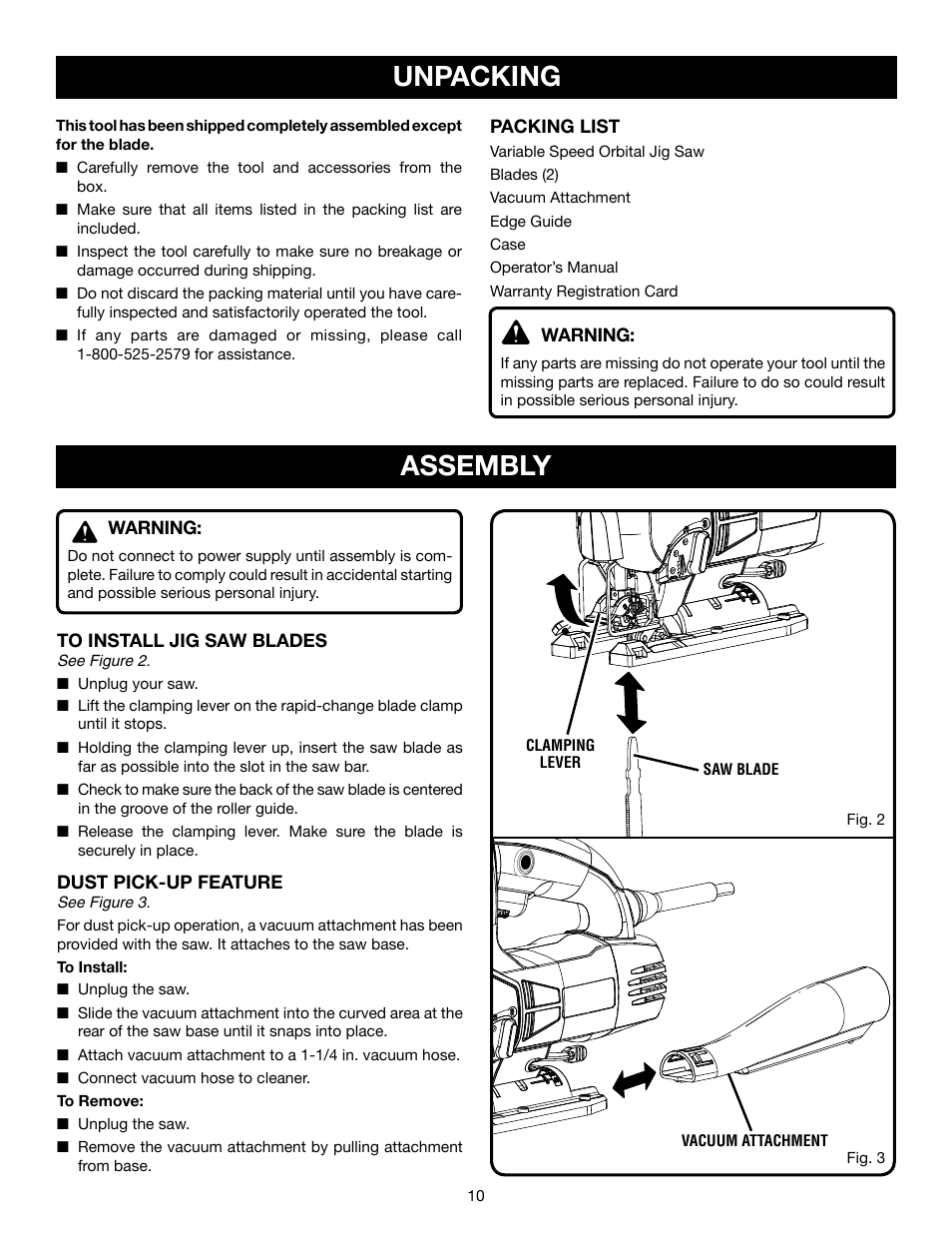 Unpacking, Assembly | Ryobi JS550L User Manual | Page 10 / 20