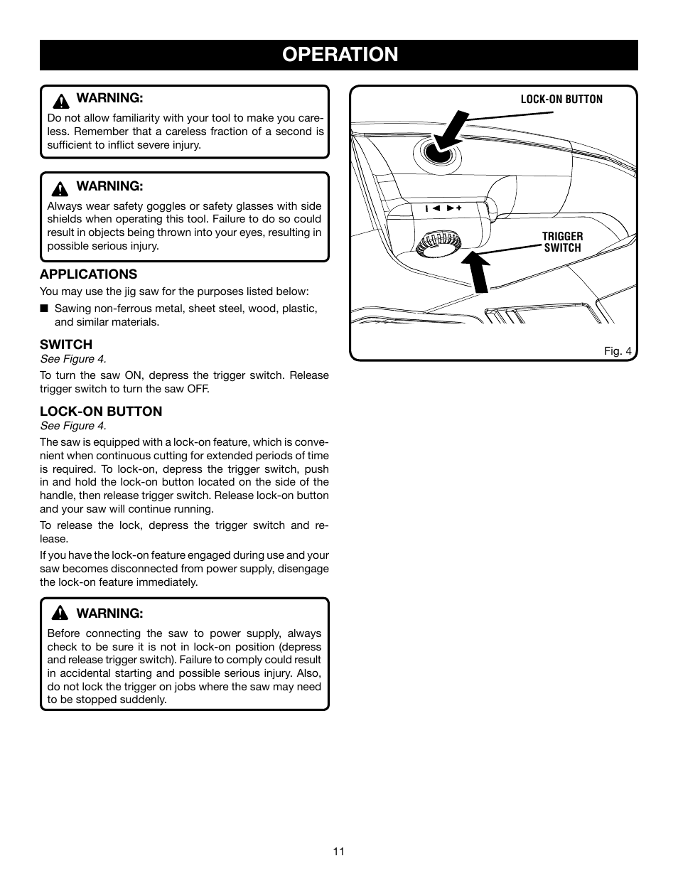 Operation | Ryobi JS550L User Manual | Page 11 / 20