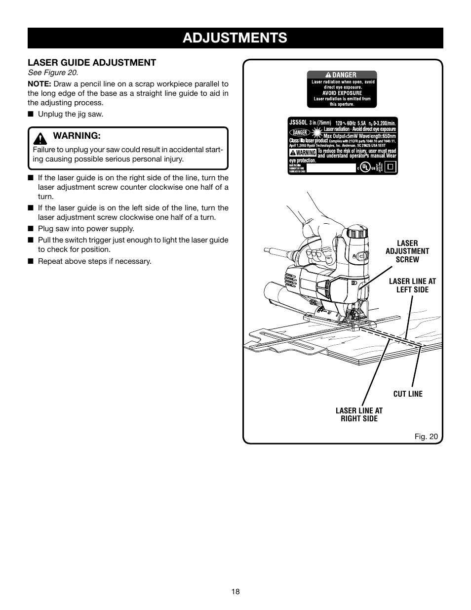 Adjustments | Ryobi JS550L User Manual | Page 18 / 20