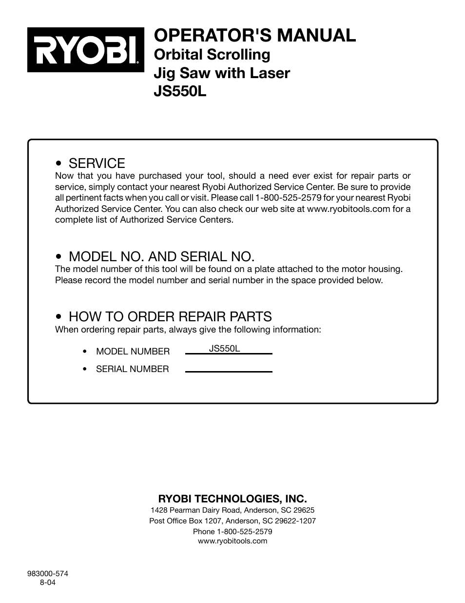 Operator's manual, Orbital scrolling jig saw with laser js550l, Service | Model no. and serial no, How to order repair parts | Ryobi JS550L User Manual | Page 20 / 20