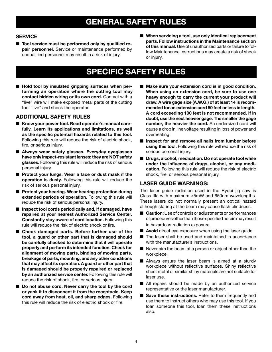 Specific safety rules, General safety rules | Ryobi JS550L User Manual | Page 4 / 20