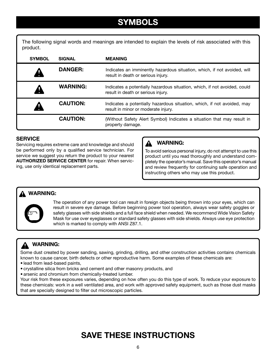Symbols, Save these instructions | Ryobi JS550L User Manual | Page 6 / 20