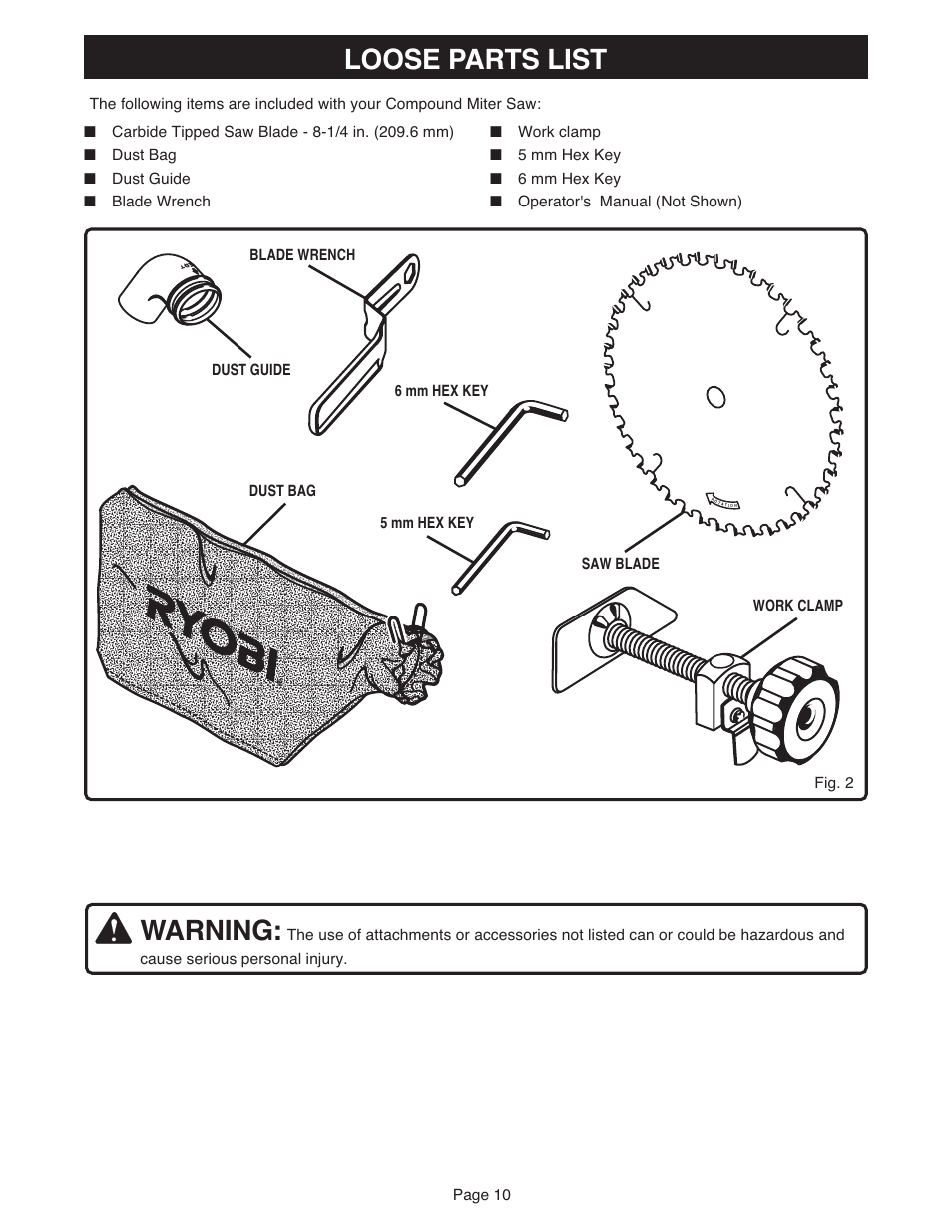 Loose parts list warning | Ryobi MS181 User Manual | Page 10 / 32