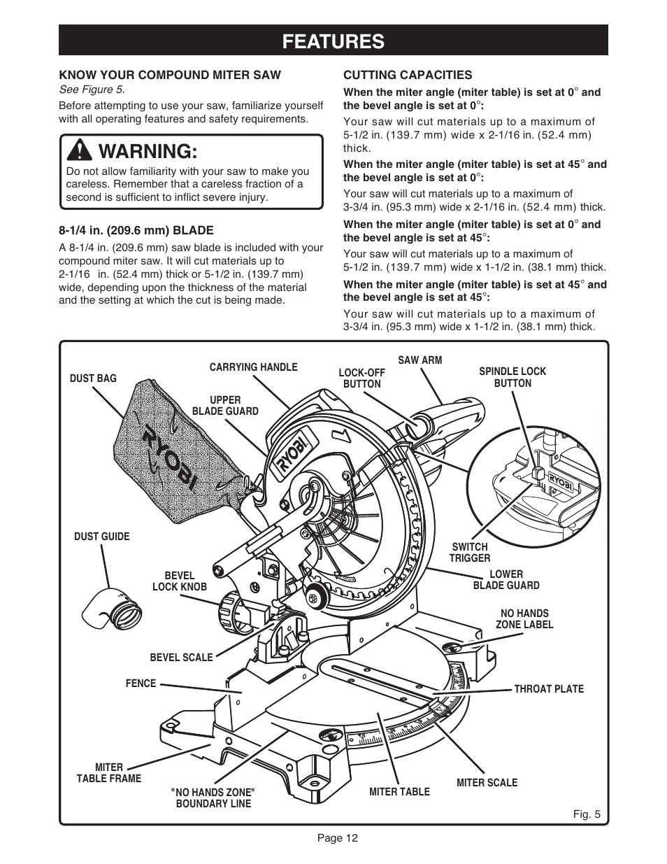 Warning, Features, Know your compound miter saw | Cutting capacities, Page 12, When the miter angle (miter table) is set at 0, And the bevel angle is set at 0, And the bevel angle is set at 45 | Ryobi MS181 User Manual | Page 12 / 32