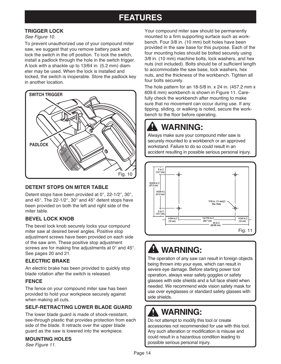 Features, Warning, Detent stops on miter table | Bevel lock knob, Electric brake, Fence, Self-retracting lower blade guard, Mounting holes, Trigger lock | Ryobi MS181 User Manual | Page 14 / 32