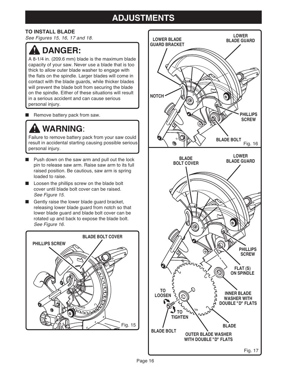 Adjustments, Danger, Warning | Ryobi MS181 User Manual | Page 16 / 32