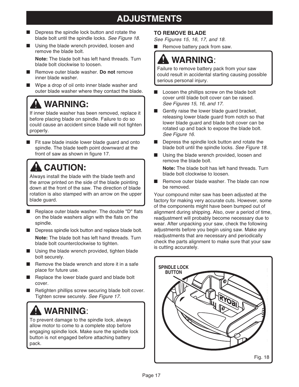 Adjustments, Warning, Caution | Ryobi MS181 User Manual | Page 17 / 32
