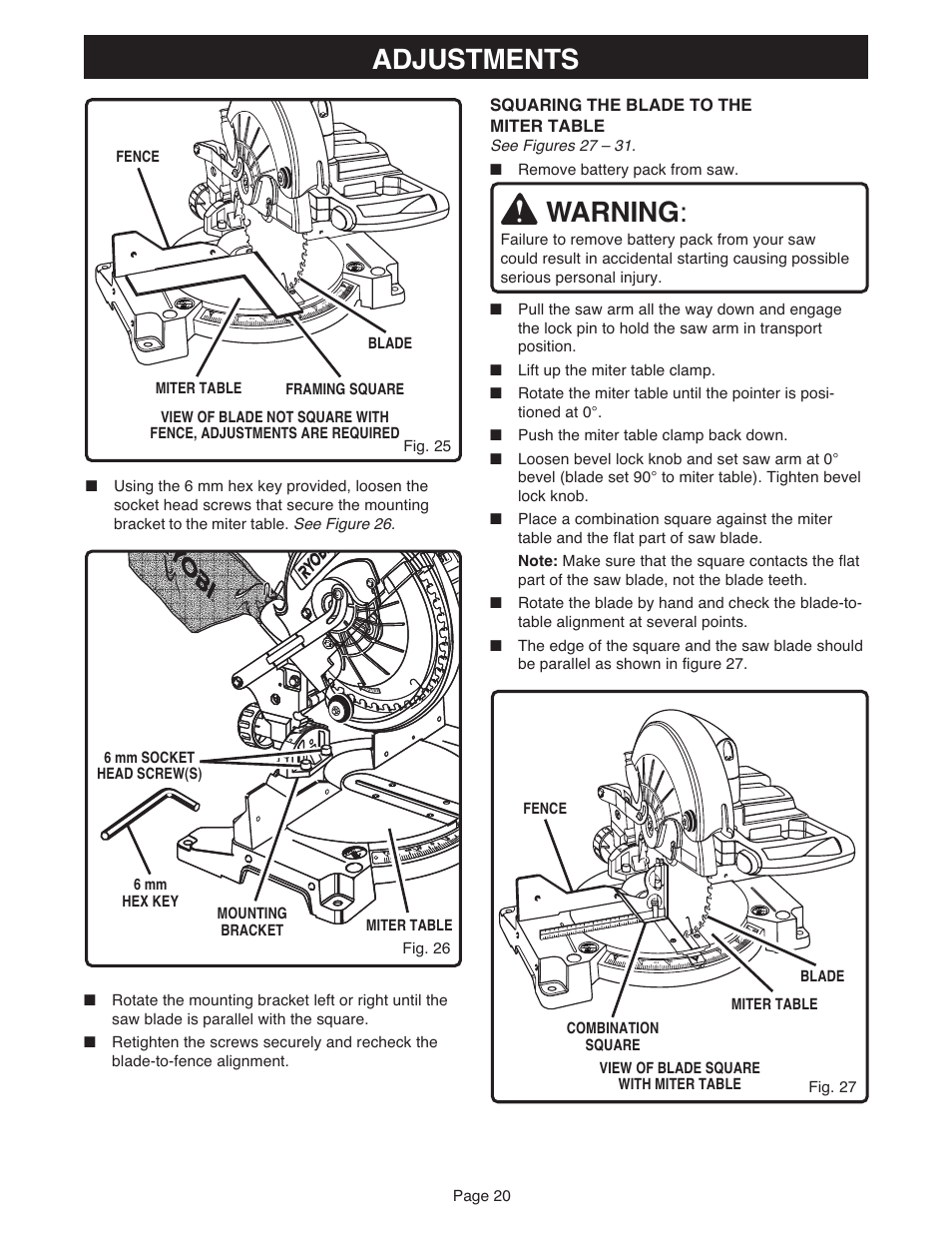 Adjustments, Warning, Squaring the blade to the miter table | Page 20 | Ryobi MS181 User Manual | Page 20 / 32