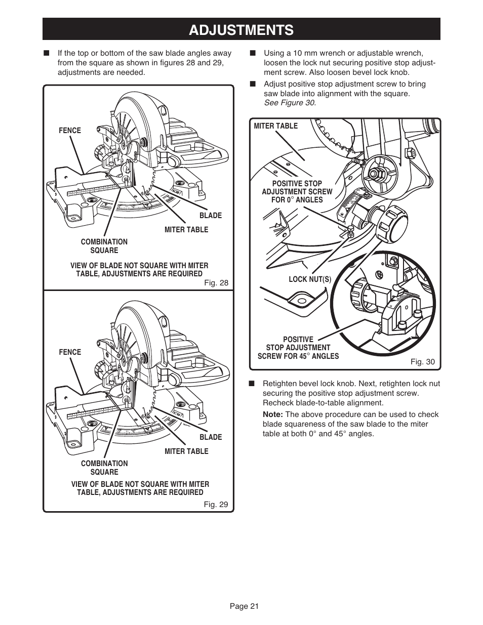 Adjustments, Page 21, Combination square fence miter table blade | Ryobi MS181 User Manual | Page 21 / 32