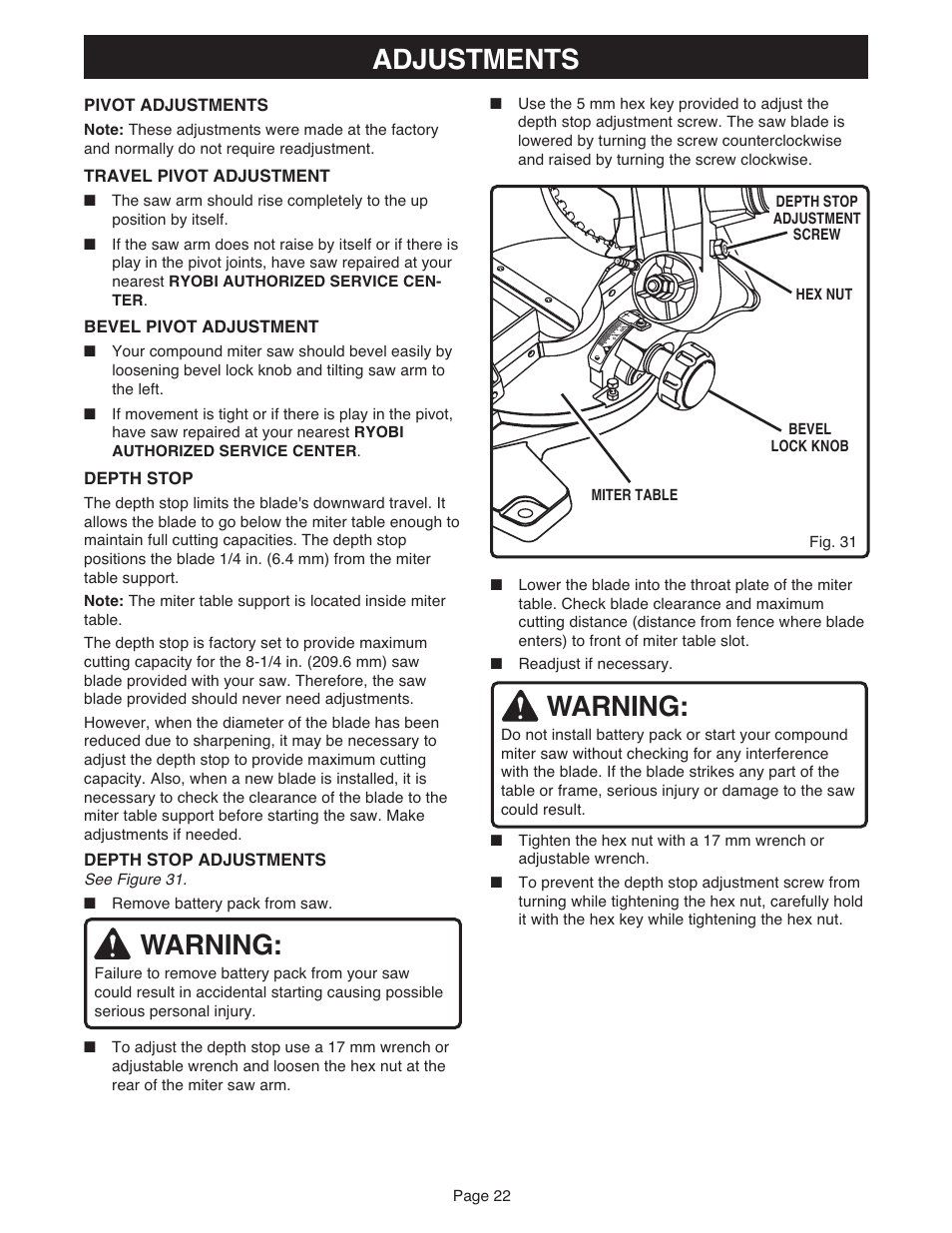 Adjustments, Warning | Ryobi MS181 User Manual | Page 22 / 32