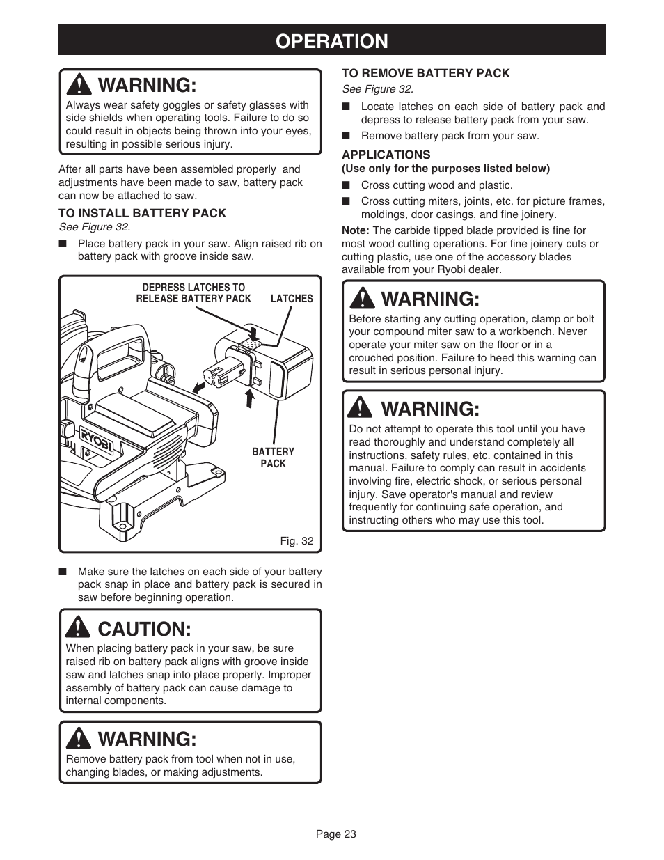 Operation warning, Warning, Caution | Ryobi MS181 User Manual | Page 23 / 32