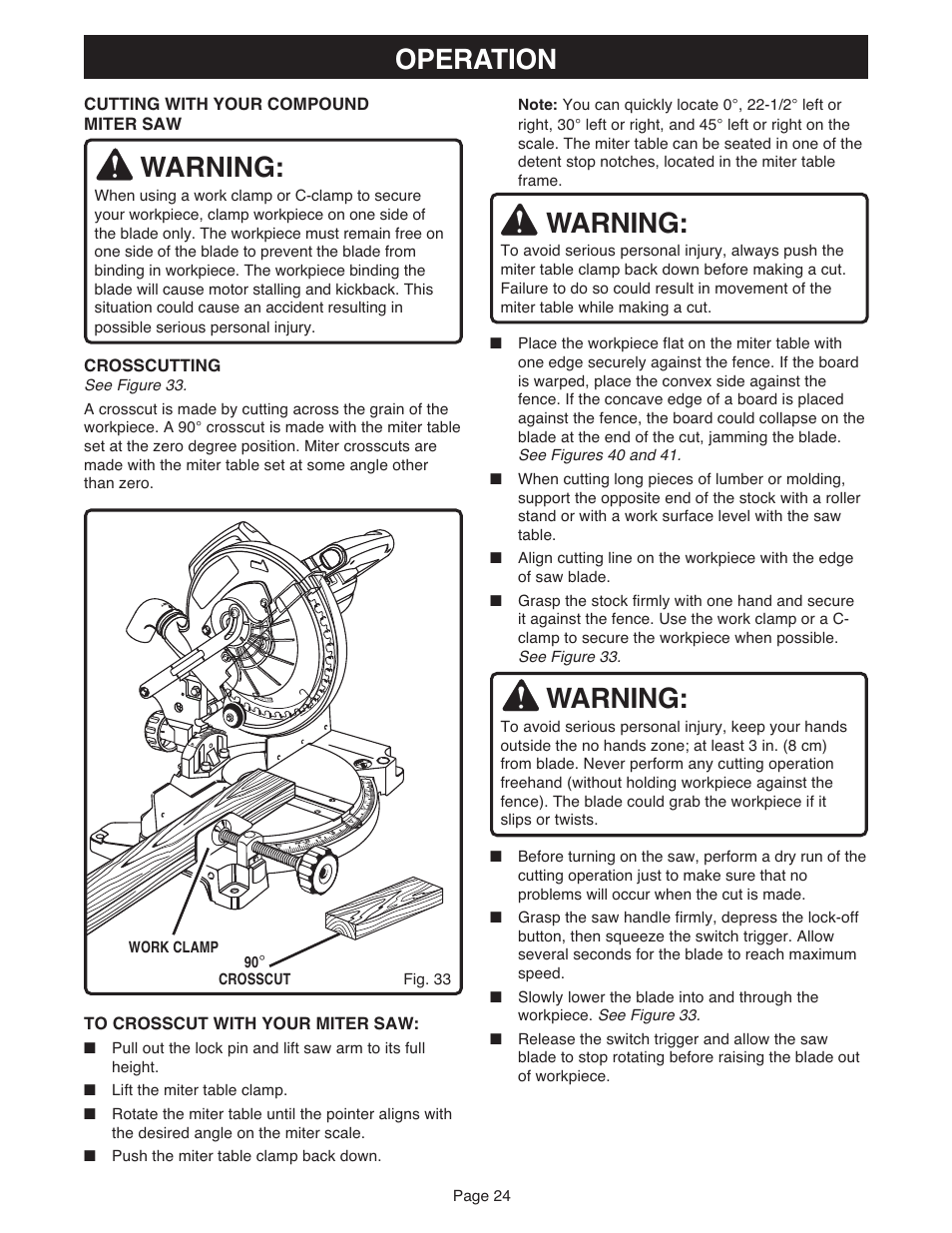 Warning, Operation, Cutting with your compound miter saw | Crosscutting | Ryobi MS181 User Manual | Page 24 / 32