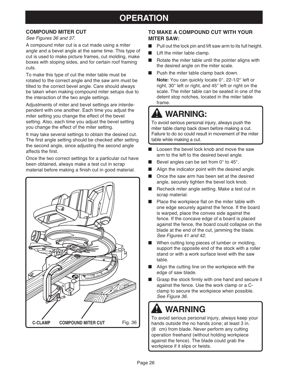 Operation, Warning, Compound miter cut | Ryobi MS181 User Manual | Page 26 / 32
