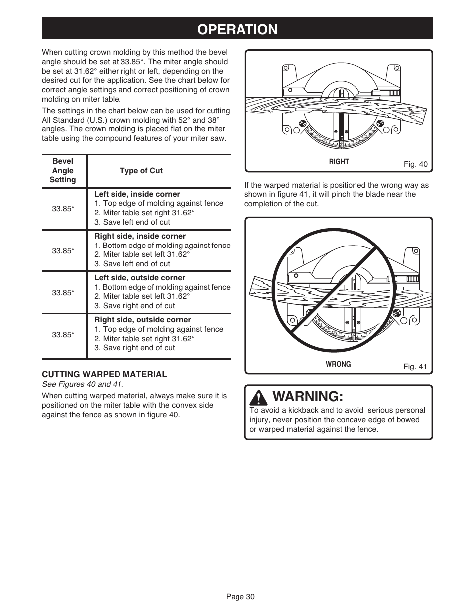Operation, Warning, Cutting warped material | Wrong fig. 41 | Ryobi MS181 User Manual | Page 30 / 32