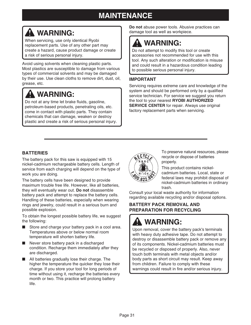 Maintenance warning, Warning | Ryobi MS181 User Manual | Page 31 / 32