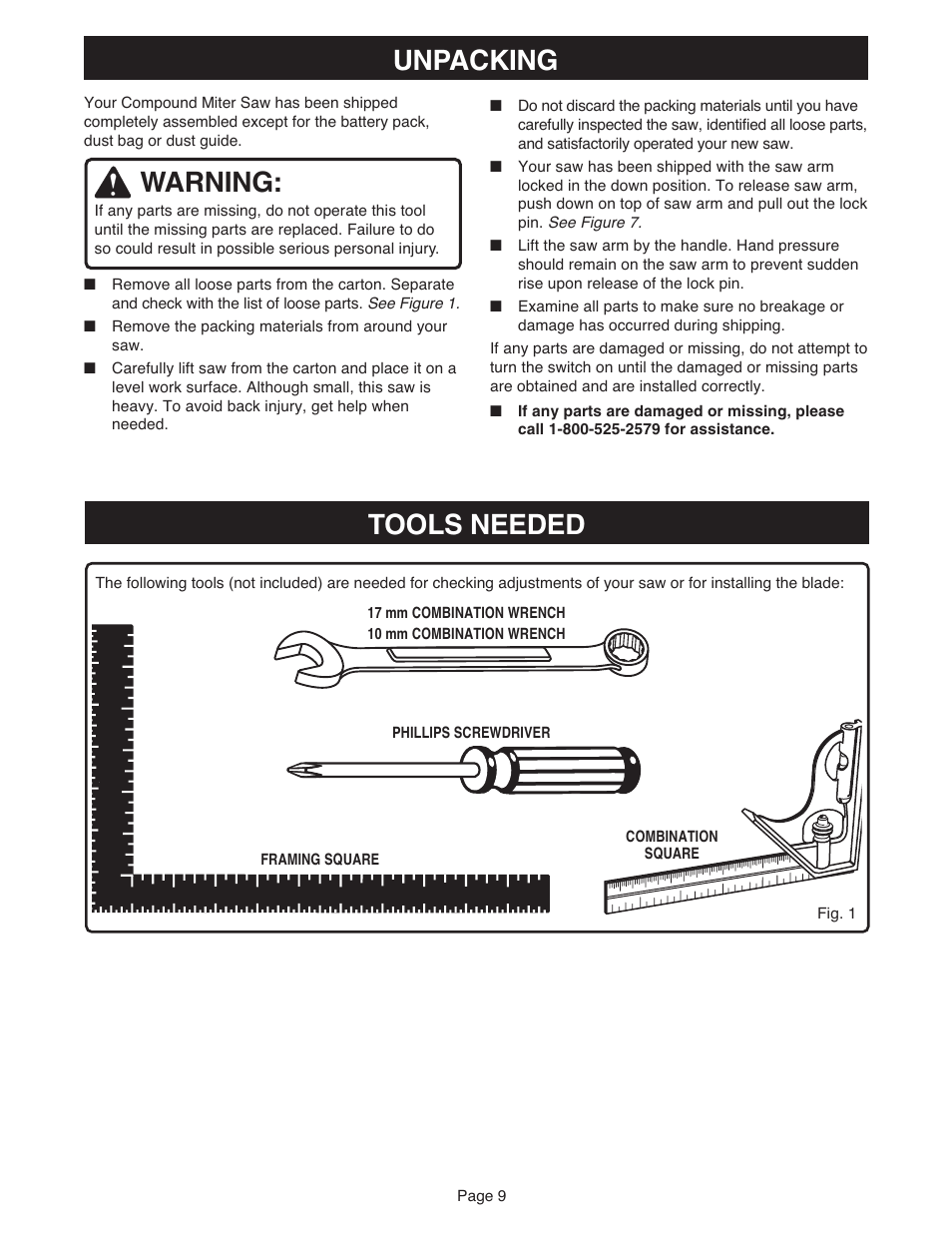 Warning, Unpacking, Tools needed | Ryobi MS181 User Manual | Page 9 / 32