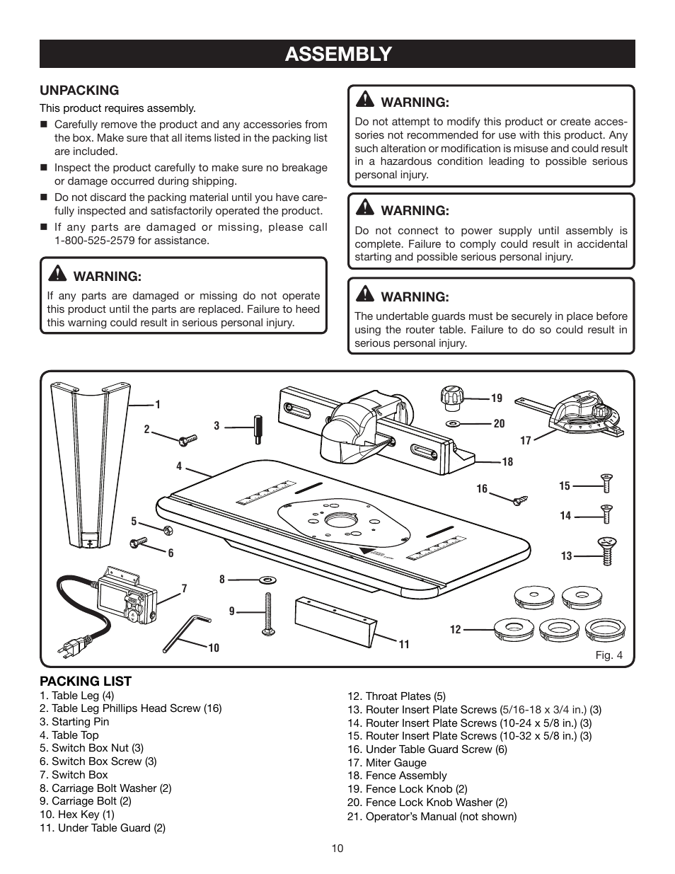 Assembly, Unpacking, Packing list | Warning | Ryobi A25RT01 User Manual | Page 10 / 20