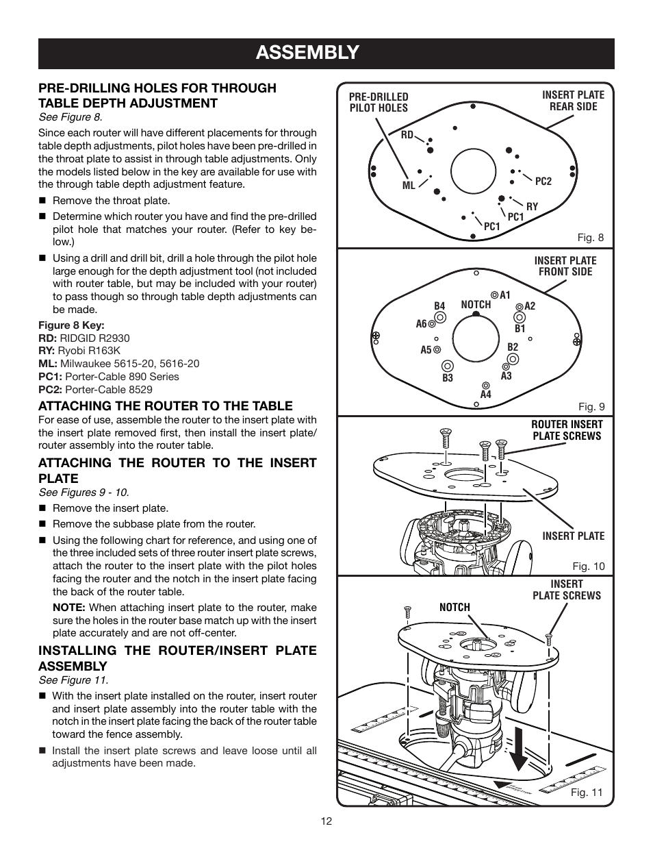 Assembly, Attaching the router to the table, Attaching the router to the insert plate | Installing the router/insert plate assembly | Ryobi A25RT01 User Manual | Page 12 / 20