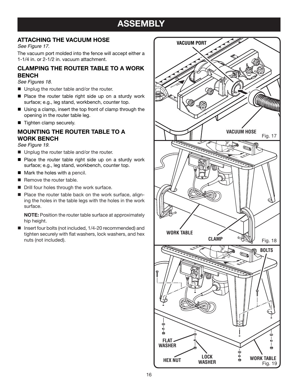 Assembly, Attaching the vacuum hose, Clamping the router table to a work bench | Mounting the router table to a work bench, Vacuum hose vacuum port, Hex nut work table flat washer lock washer, Clamp work table | Ryobi A25RT01 User Manual | Page 16 / 20