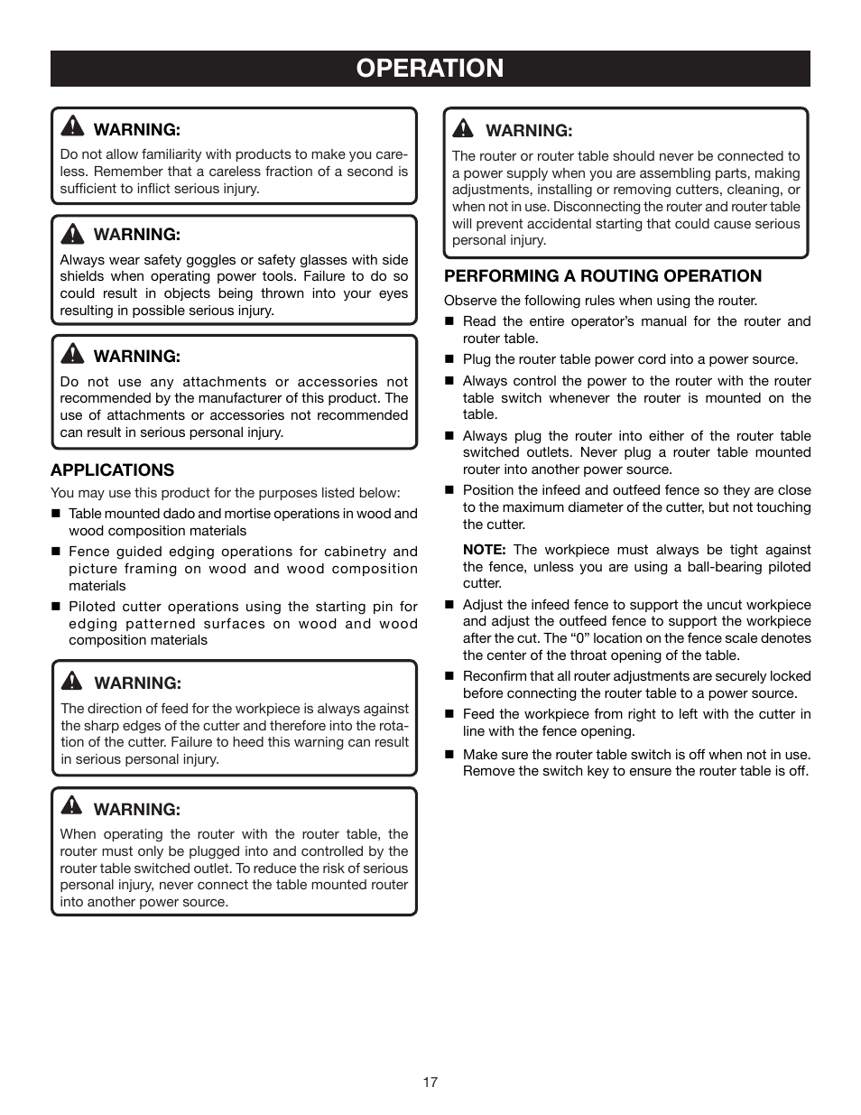 Operation | Ryobi A25RT01 User Manual | Page 17 / 20