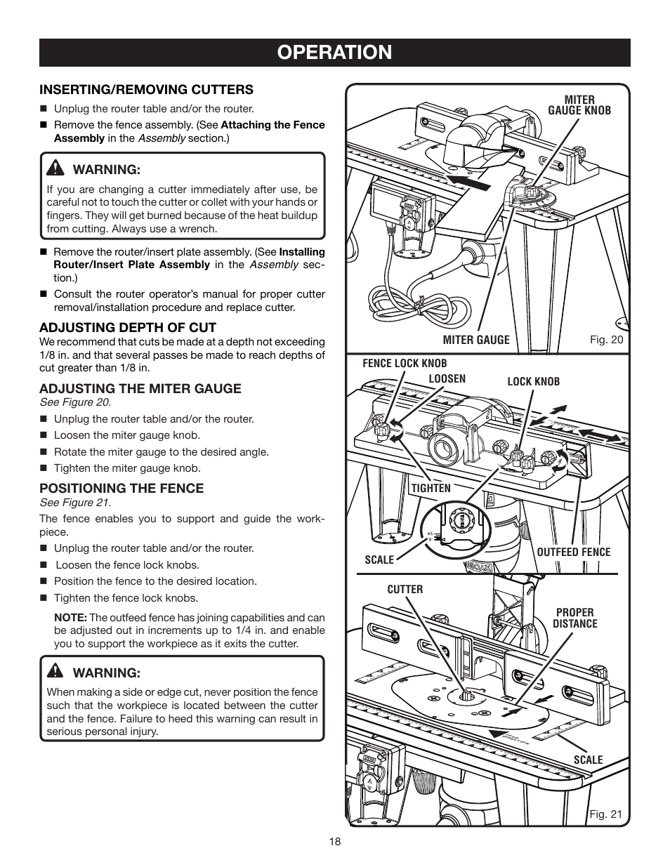 Operation, Inserting/removing cutters, Warning | Adjusting depth of cut, Adjusting the miter gauge, Positioning the fence, Miter gauge knob miter gauge, Fig. 20, Lock knob tighten scale | Ryobi A25RT01 User Manual | Page 18 / 20
