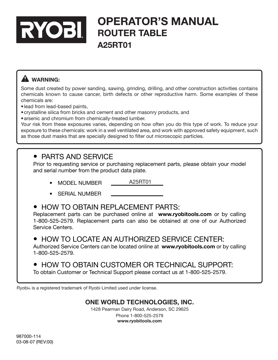 Operator’s manual, Router table, A25rt01 | Parts and service, How to obtain replacement parts, How to locate an authorized service center, How to obtain customer or technical support | Ryobi A25RT01 User Manual | Page 20 / 20