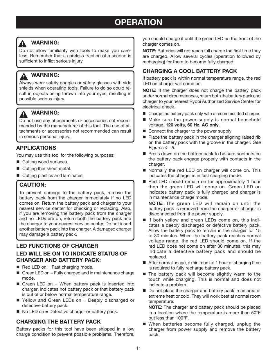 Operation | Ryobi P520 User Manual | Page 11 / 18