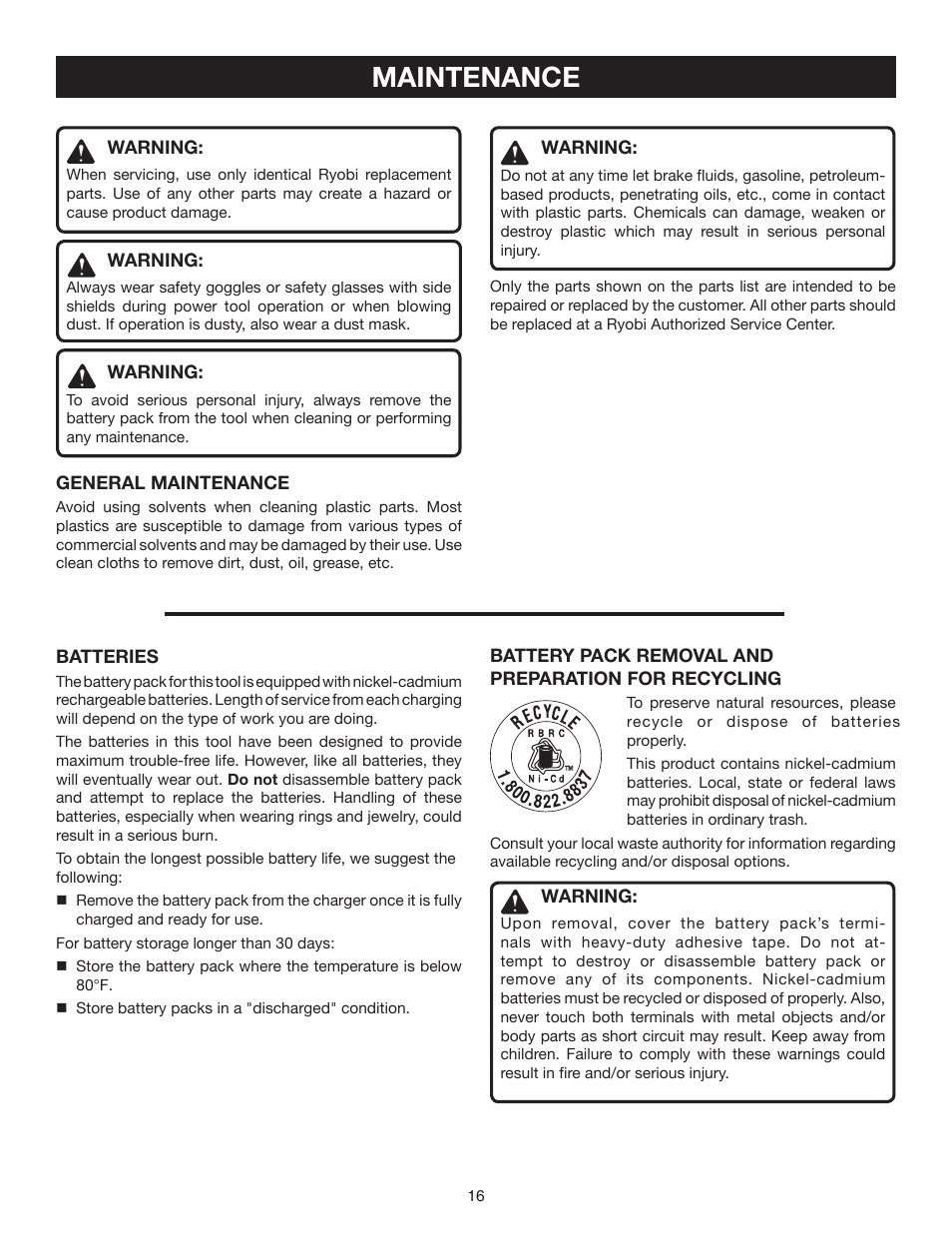 Maintenance | Ryobi P520 User Manual | Page 16 / 18