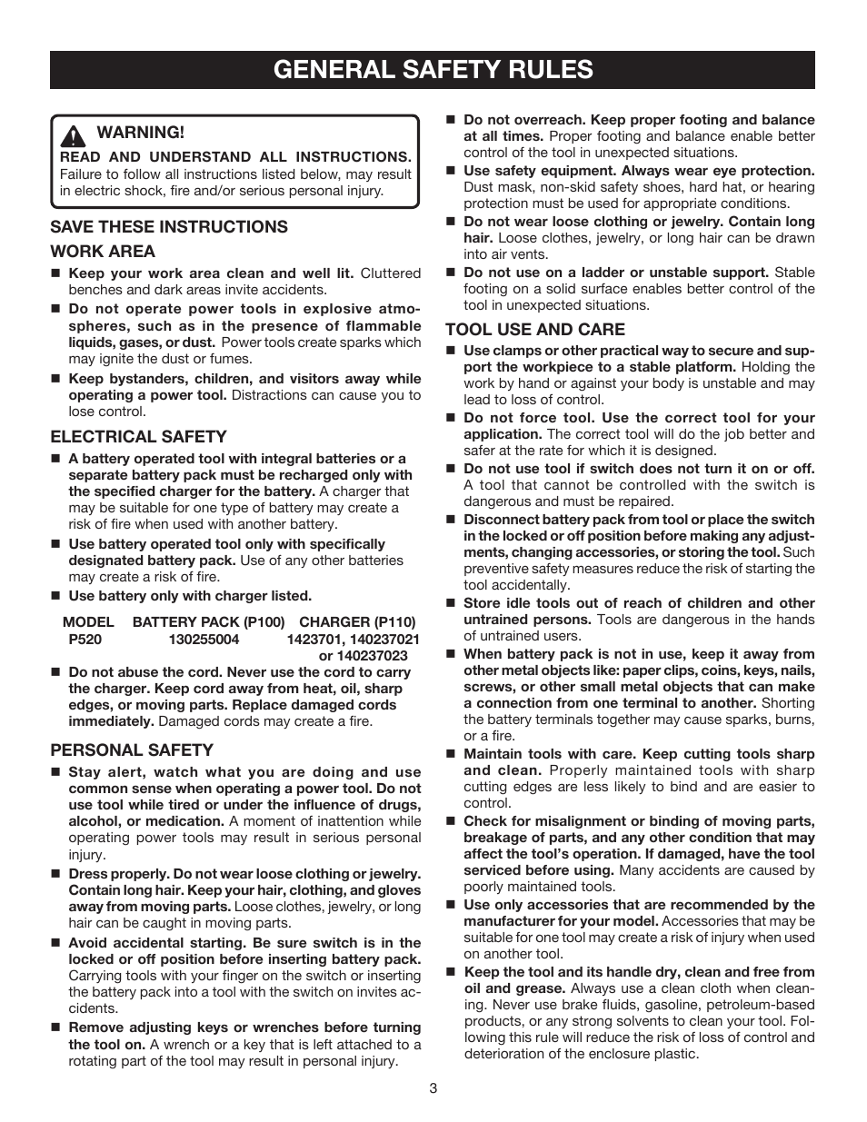 General safety rules | Ryobi P520 User Manual | Page 3 / 18