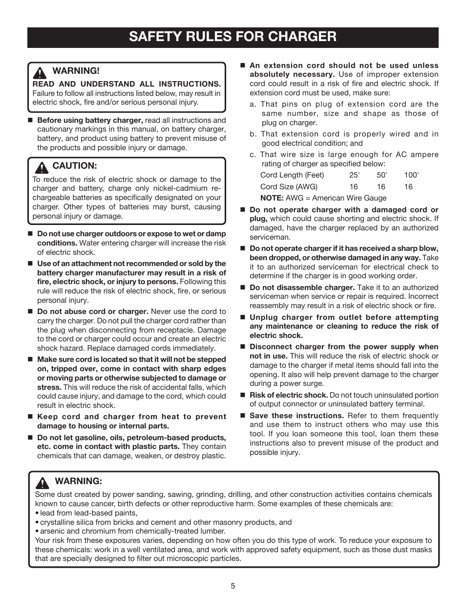 Safety rules for charger | Ryobi P520 User Manual | Page 5 / 18