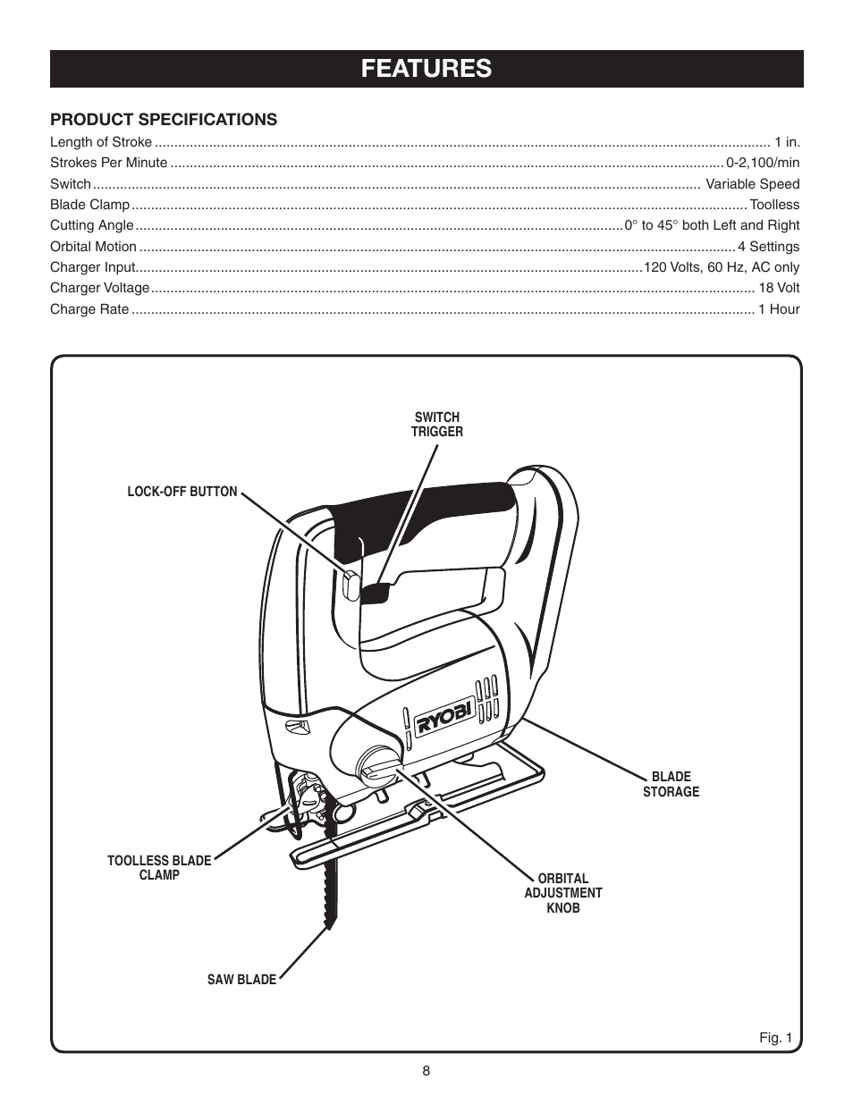 Features | Ryobi P520 User Manual | Page 8 / 18