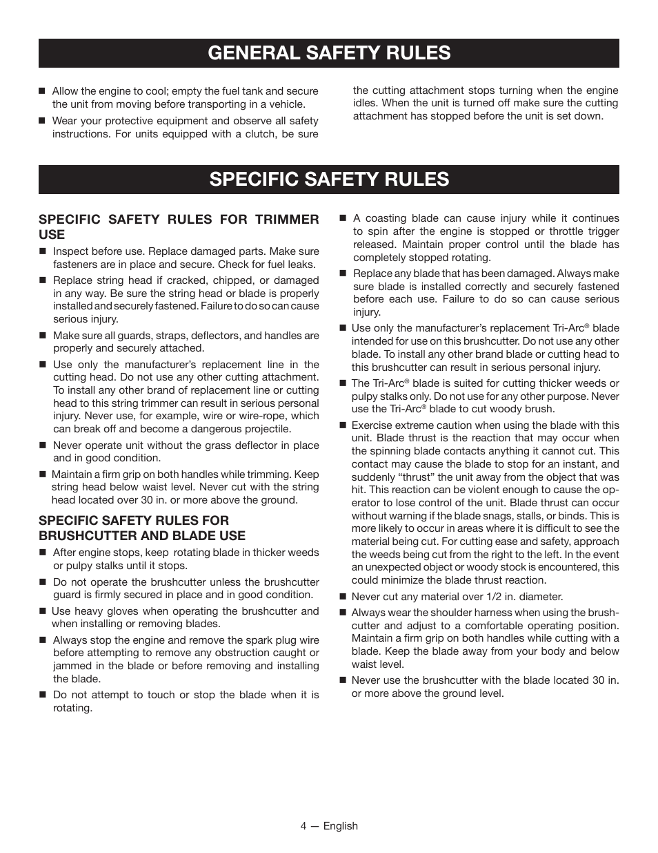 Specific safety rules, General safety rules | Ryobi CS26 User Manual | Page 10 / 58