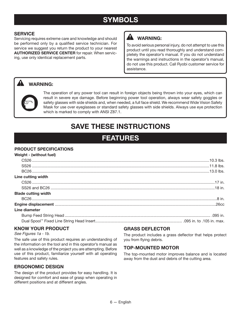 Features, Symbols, Save these instructions | Ryobi CS26 User Manual | Page 12 / 58