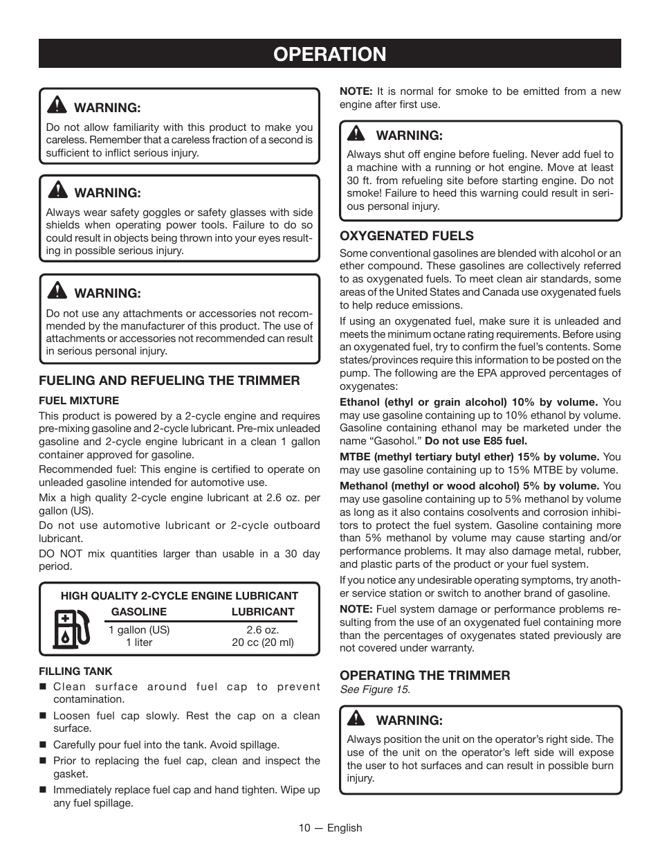 Operation | Ryobi CS26 User Manual | Page 16 / 58