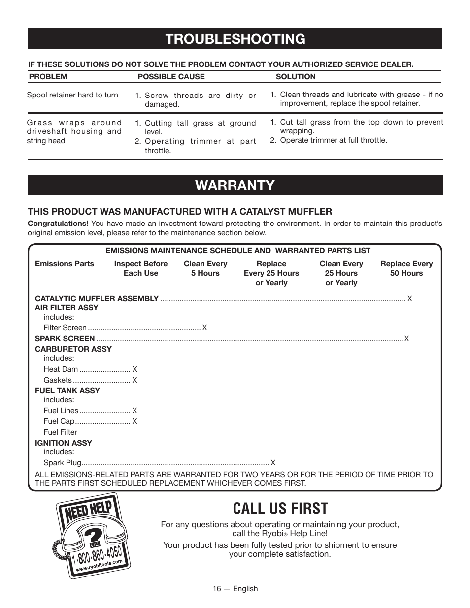 Call us first, Troubleshooting, Warranty | Ryobi CS26 User Manual | Page 22 / 58