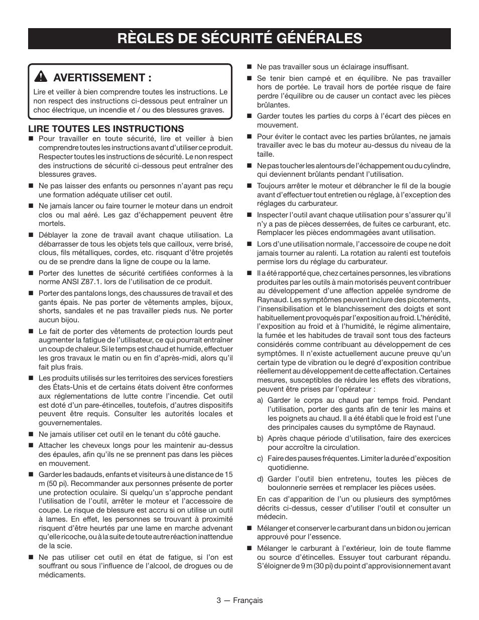 Règles de sécurité générales, Avertissement, Lire toutes les instructions | Ryobi CS26 User Manual | Page 25 / 58