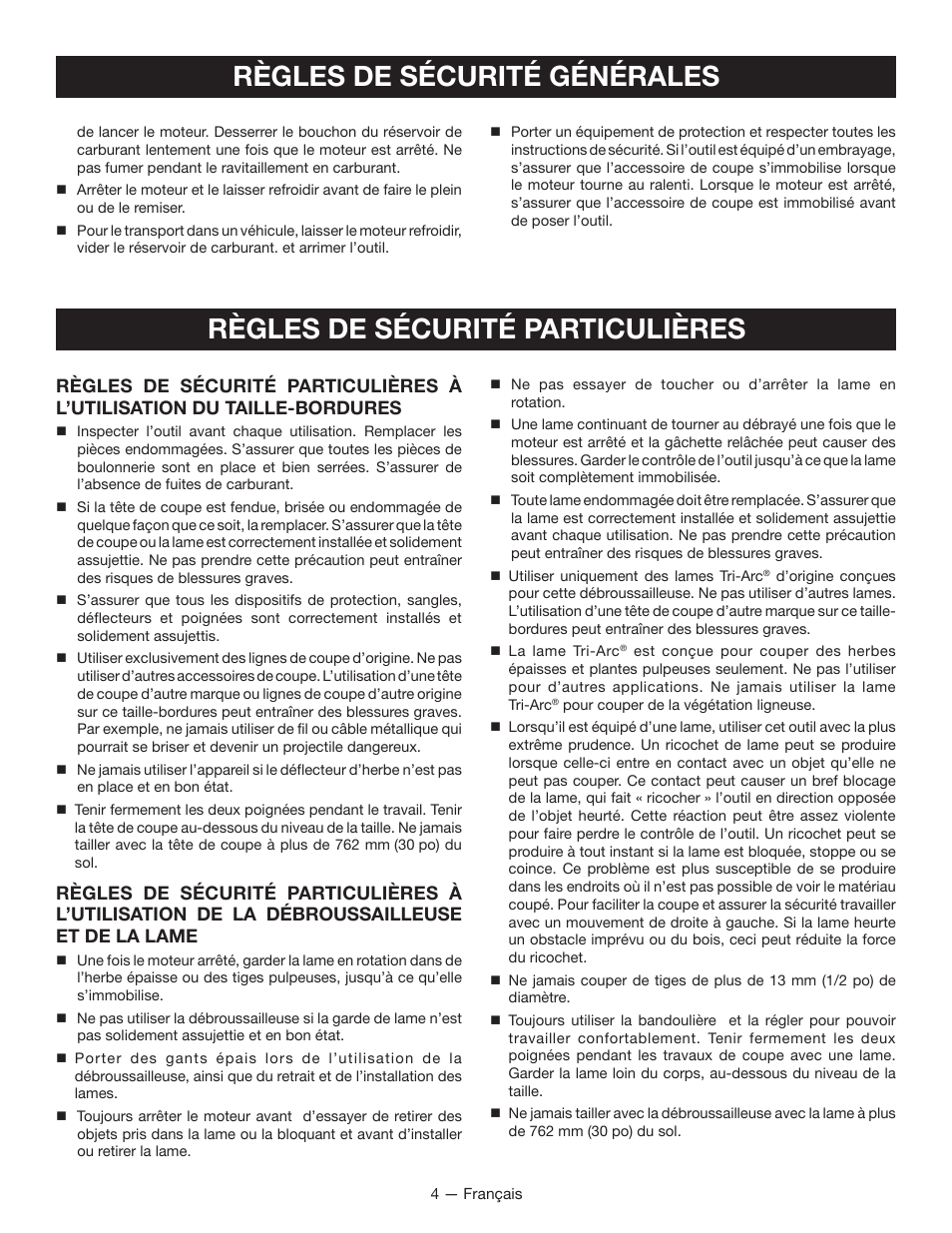 Règles de sécurité particulières, Règles de sécurité générales | Ryobi CS26 User Manual | Page 26 / 58