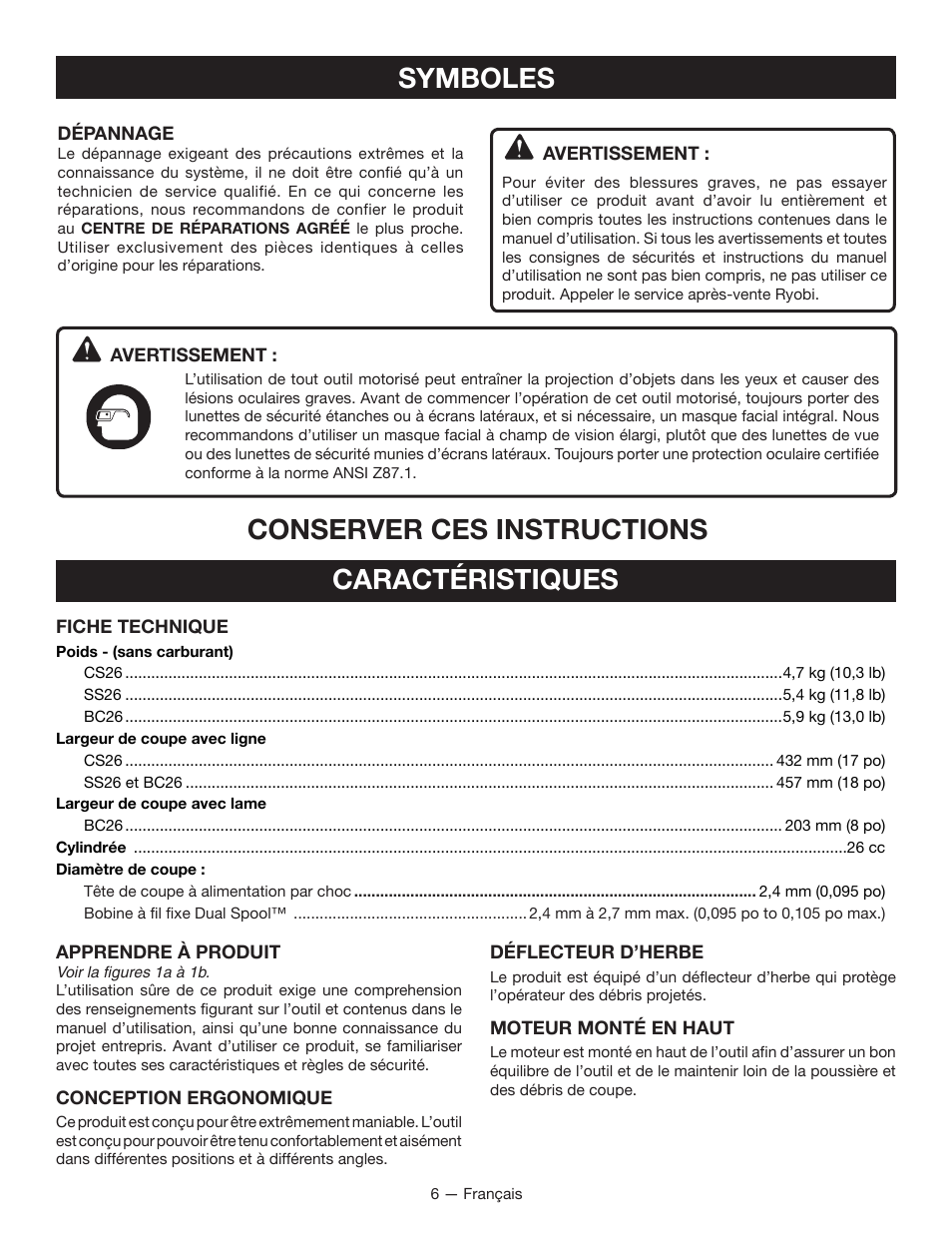 Caractéristiques symboles, Conserver ces instructions | Ryobi CS26 User Manual | Page 28 / 58